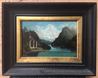 Original Painting: Lake Lucerne Vista, Swiss Chapel on Metal, Framed