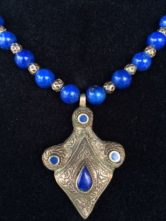 Old Afghan Tribal silver Pendant lapis lazuli nec… - image 8