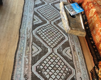 Vintage Kars Turkish Kilim, 4' x 11'8 large runner rug, Neutral, brown & grey, quiet, subtle, dusty rose, S/H NOT Incl