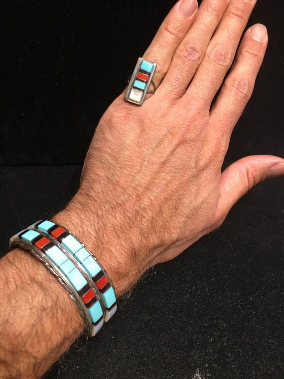 Multi stone Inlay matching set Zuni cuff bracelet… - image 6
