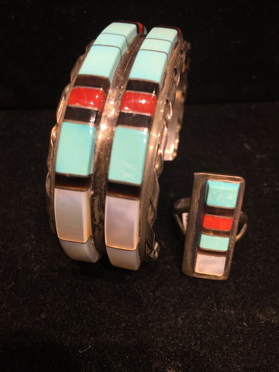 Multi stone Inlay matching set Zuni cuff bracelet… - image 2