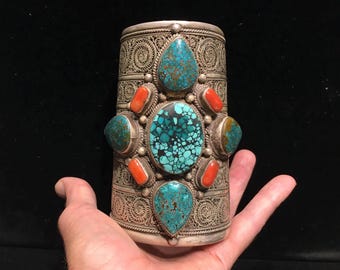 Incredible Vintage Native American Navajo Turquoise Coral Sterling Silver Inlay Wave Bracelet Incredible Vintage Native American Navajo Turquoise Coral Sterling Silver Inlay Wave Bracelet