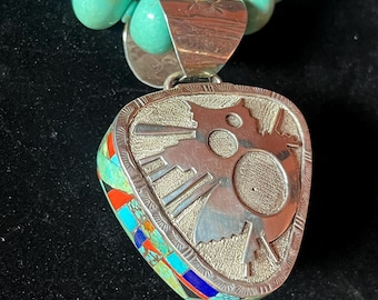 Navajo Indian Kerah Tsosie reversible Inlay Pendant Turquoise Necklace multi stone Coral Lapis Malachite Onyx One of Kind Fine Art