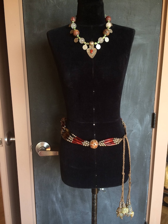 Moroccan-inspired Beaded Hip Belt, Jade Buddhas, Red Horn  display picture 2