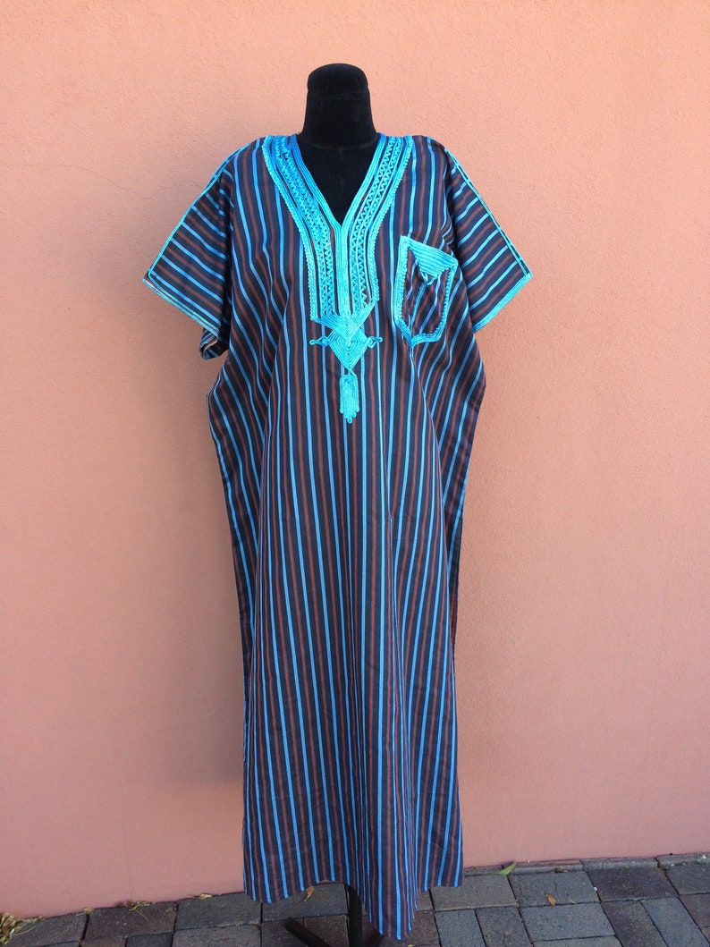 Vintage Moroccan kaftan caftan djellaba Striped blue red Unisex maxi dress cotton natural embroidered embroidery lounge Boho Chefchaouen