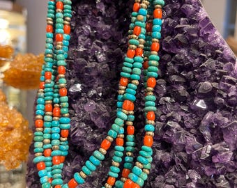 Native American Indian Turquoise, Coral & Brass Necklace, Multi Strand