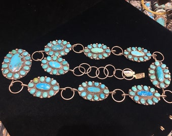 Navajo Turquoise Sterling Silver Concho Belt, Bisbee & Kingman, Nuguematz Tenorio, Chimney Butte, Native American Indian