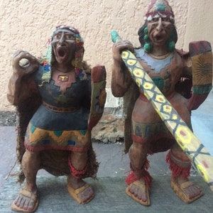Peru Peruvian Inca Incan painted wood figure sculpture Mesoamerican Aztec Mayan Tribal Indian hand carved sculpture warrior snake spear Rare
