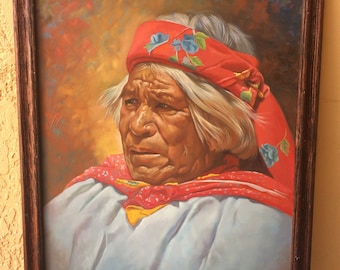 Hermosillo Painting, Rarámuri Indigenous Woman Portrait, Mexican, realist fine art original, Tarahumara Indian, grand mother, S/H NOT INCL