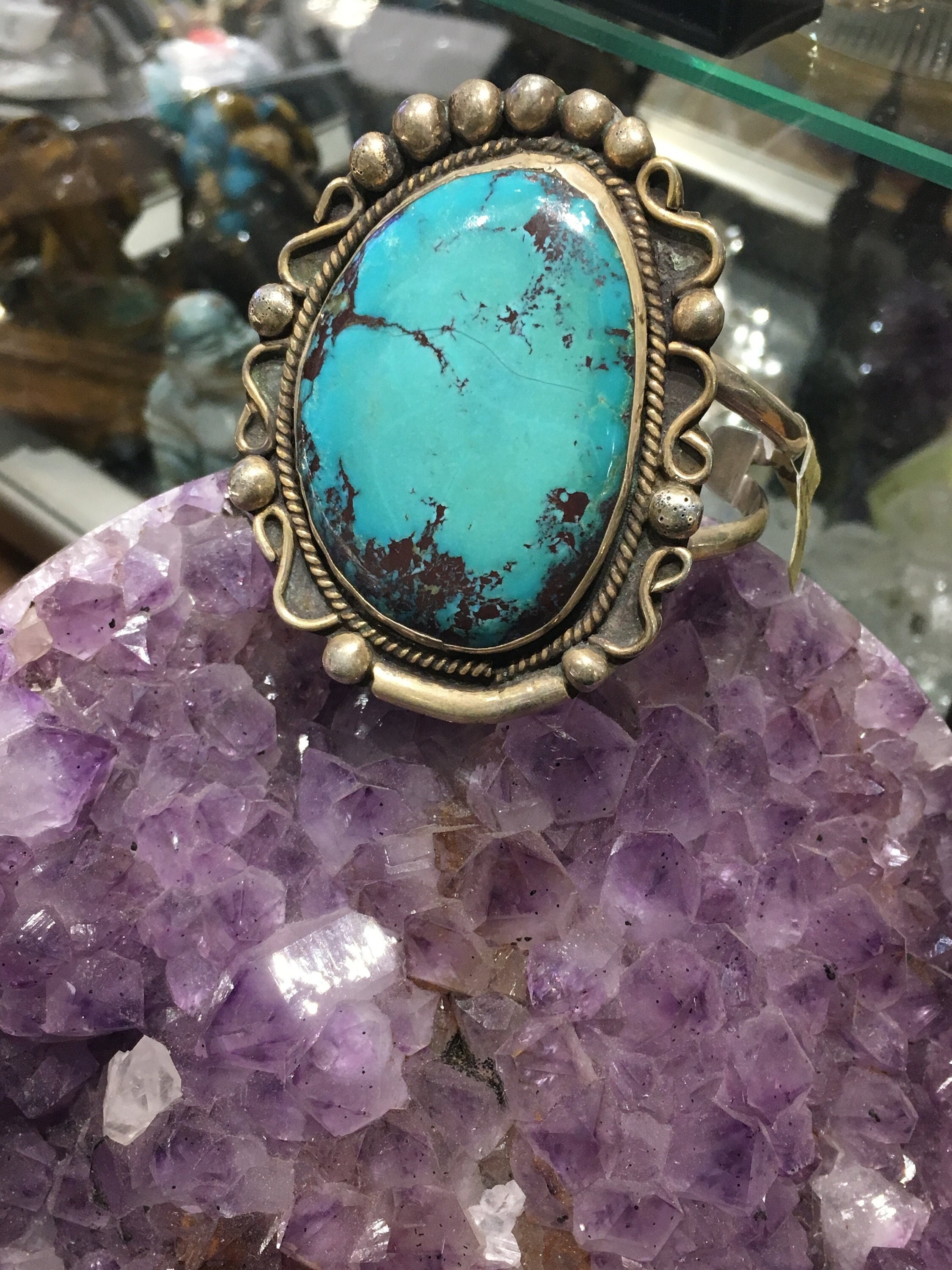 Vintage Estate Turquoise Stone Cuff Bracelet - Jewelry Lady Red River