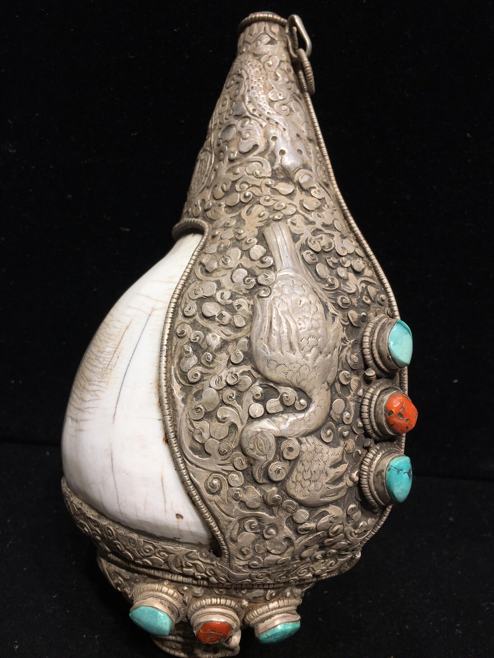 Antique Tibetan Conch Shell Horn: Sterling Silver Repousse, Turquoise ...