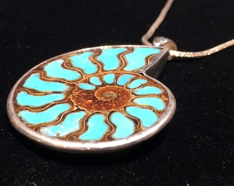 Turquoise Inlay Ammonite fossil sterling silver pendant chain necklace stunning beautiful blue inlaid masterpiece incredible statement piece