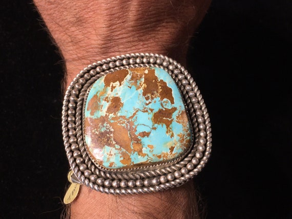 Magnificent Vintage Native American Navajo Large Turquoise Sterling Silver Convex Bracelet Magnificent Vintage Native American Navajo Large Turquoise Sterling Silver Convex Bracelet