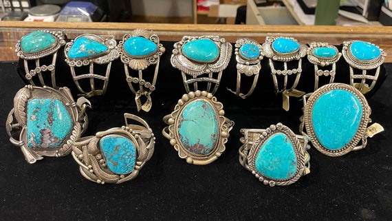 Oph Moses Native American Navajo Old Kingman Turquoise Cluster Sterling Silver Bracelet Oph Moses Native American Navajo Old Kingman Turquoise Cluster Sterling Silver Bracelet
