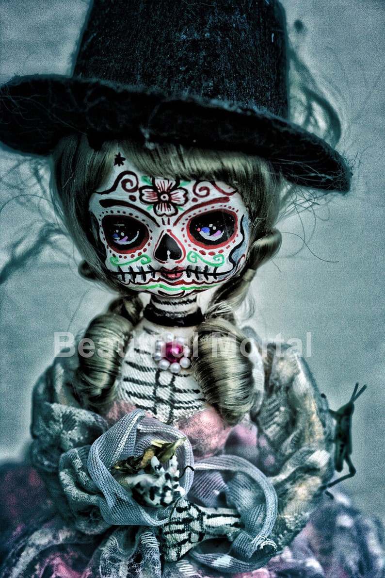 Beautiful Mortal Blonde Dia De Los Muertos Skeleton Doll PRINT 353 Reproduction image 1