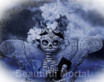 Beautiful Mortal Dia de Los Muertos Blue Coffin Butterfly Doll PRINT 558 by Michael Brown