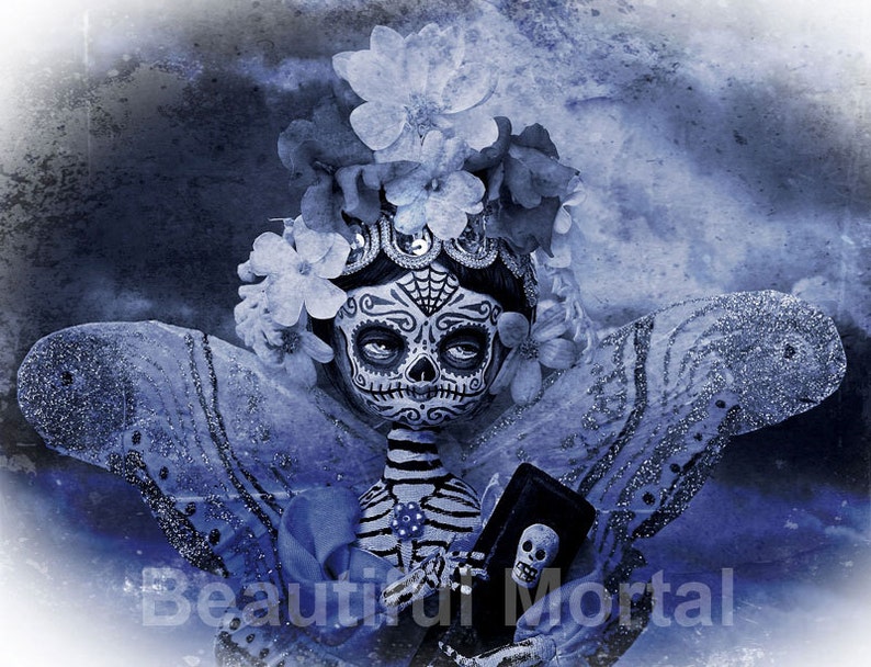 Beautiful Mortal Dia de Los Muertos Blue Coffin Butterfly Doll PRINT 558 by Michael Brown image 1