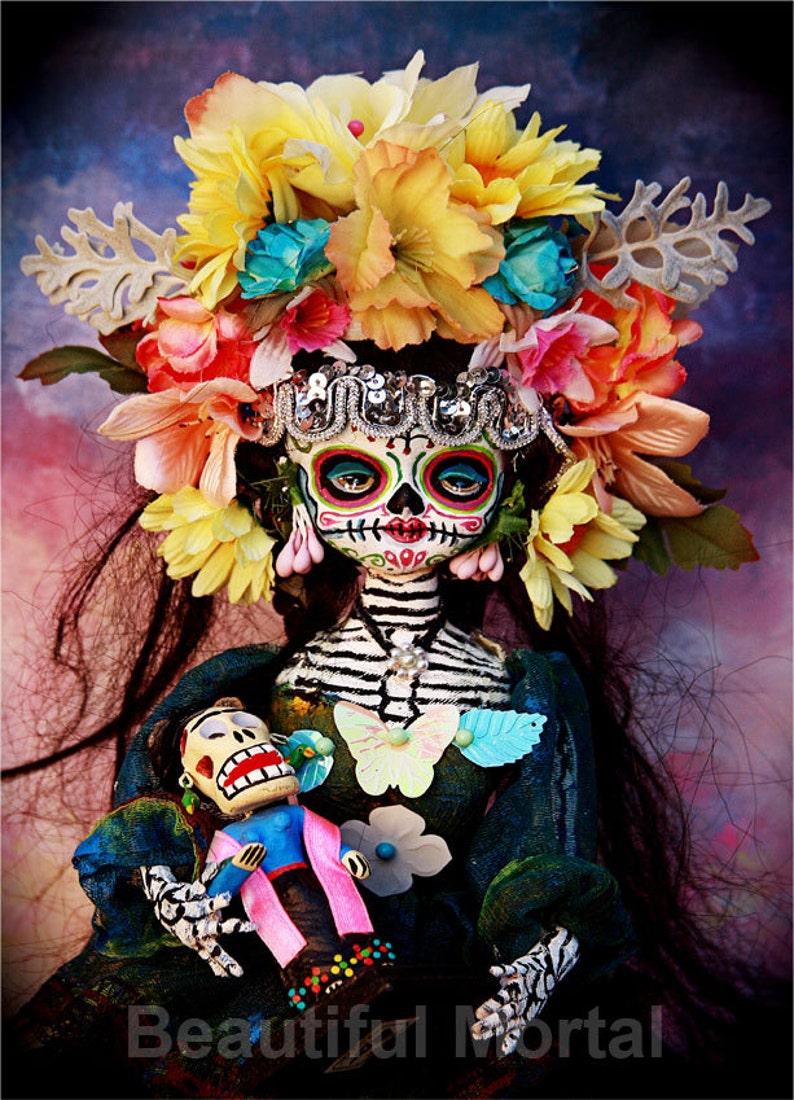 Beautiful Mortal Day of the Dead Skeleton Doll holding doll Canon PRINT 559 Reproduction by Michael Brown image 1