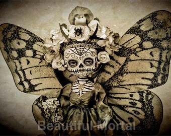 Beautiful Mortal Dia De Los Muertos Sepia Death Butterfly Doll PRINT 560 by Michael Brown