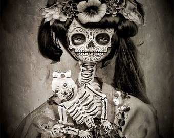 Beautiful Mortal Dia De Los Muertos Tattooed Doll Holding Skeleton PRINT 430 by Michael Brown