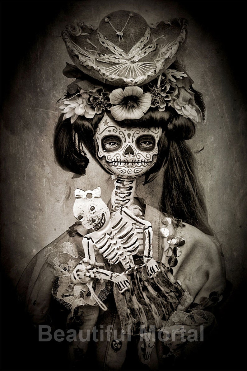 Beautiful Mortal Dia De Los Muertos Tattooed Doll Holding Skeleton PRINT 430 by Michael Brown image 1