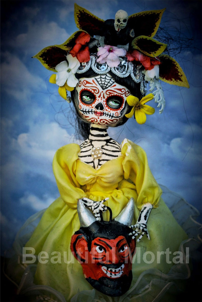 Beautiful Mortal Dia De Los muertos with Devil Sugar Skull Doll PRINT 530 by Michael Brown image 1