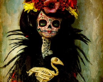 Beautiful Mortal Dia De Los Muertos Doll Holding Bird Skeleton PRINT 546 by Michael Brown