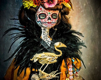 Beautiful Mortal Dia De Los Muertos Doll Holding Bird Skeleton PRINT 425 Reproduction