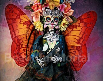 Beautiful Mortal Dia De Los Muertos Goth Butterfly Doll Holding Coffin canon PRINT 531 Reproduction by Michael Brown