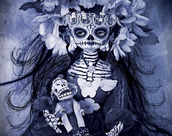 Beautiful Mortal Dia de Los Muertos Goth Blue Doll Doll PRINT 550 by Michael Brown