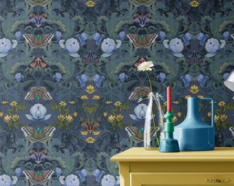 Bloomsbury Midnight Moth Super Wide Wallpaper, Luxury Arts Crafts Style Wallpaper, Maximalist, Eclectic, Dark wallcovering, paste the wall