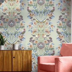 Greenfinch Super Wide 'Wild Hedgerow' Wallpaper, Luxury, Home Decor, Victorian Renovation, maximalist, damask, woodland, birds, calming image 4