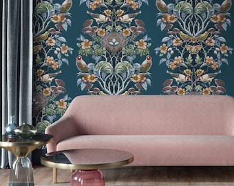 Wild Hedgerow Wallpaper, Raven’s Wing Navy Bird Floral Wallcovering, Maximalist Nature Decor