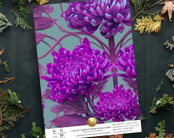 SAMPLE Caustic Chrysanthemum 'London Purple' Wallpaper - Maximalist, William Morris, Contemporary, Floral, Bright, Statement, Renovation.