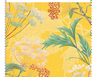 William Morris Style Linen Fabric Swatch: 'Catkin' Yellow Floral