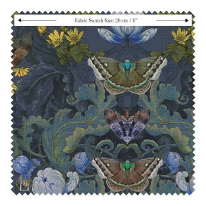 SAMPLE Linen Bloomsbury Moth in Midnight Blue, Botanical fabric, Floral, Arts & Crafts, William Morris, Maximalist, Victorian Gothic Walls,