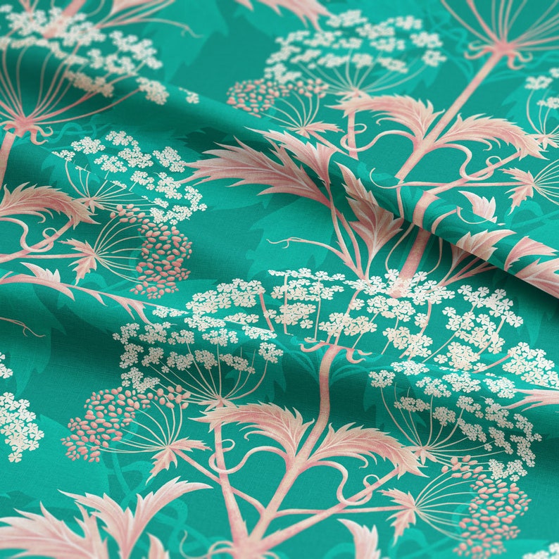 Linen Hemlock 'Crabapple Jelly' fabric, Teal William Morris Decor, Maximalist, Victorian, Soft furnishing, Upholstery, Luxury, Bold interior image 1