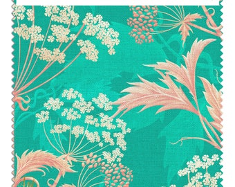 William Morris Style Linen Fabric Swatch: 'Crabapple Jelly' Teal & Blush