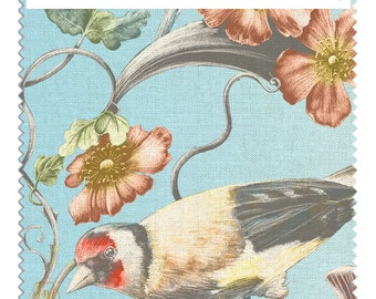 Blackbird Egg Linen Cotton Fabric Sample: Floral Bird Print