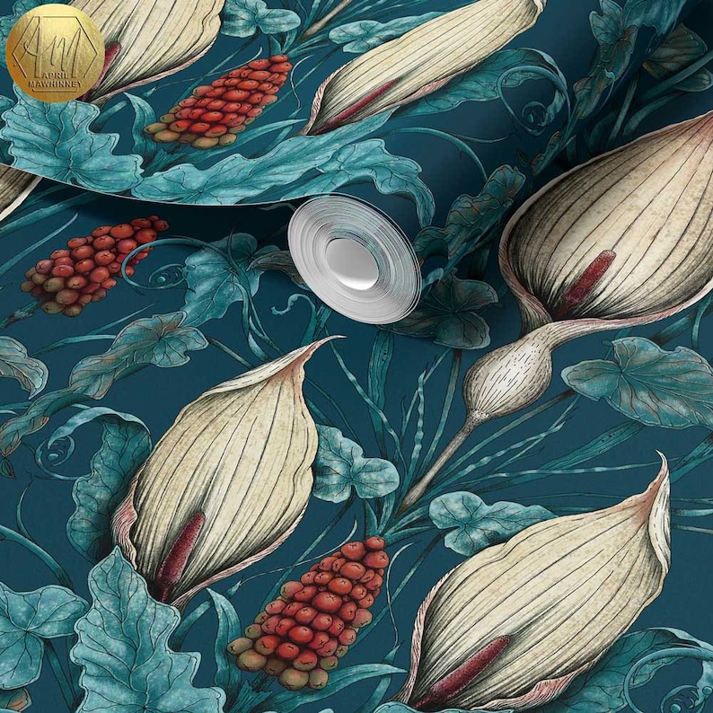 Tincture of Teal Lords and Ladies Wallpaper. Woodland, Botanical Wallpaper, Floral Arts & Crafts, William Morris Decor, Maximalist, Dark image 1