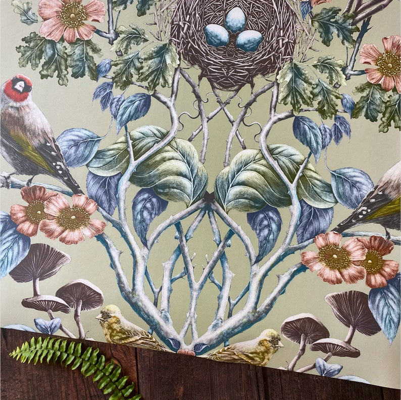 Greenfinch Super Wide 'Wild Hedgerow' Wallpaper, Luxury, Home Decor, Victorian Renovation, maximalist, damask, woodland, birds, calming image 3
