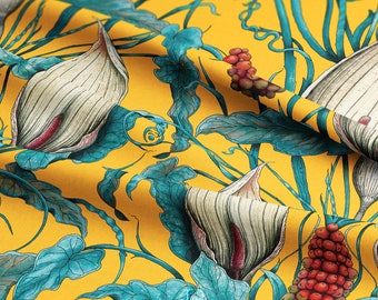 Linen Alchemist Yellow Lords and Ladies fabric. Maximalist Decor, Botanical fabric, Floral Arts & Crafts, William Morris Decor, Maximalism