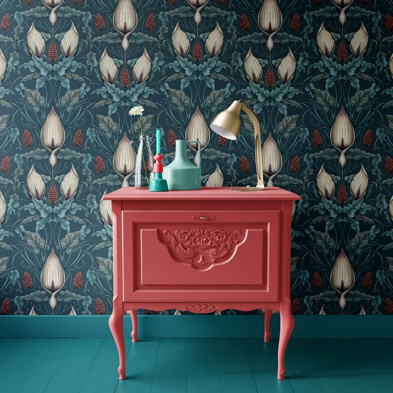Tincture of Teal Lords and Ladies Wallpaper. Woodland, Botanical Wallpaper, Floral Arts & Crafts, William Morris Decor, Maximalist, Dark image 6