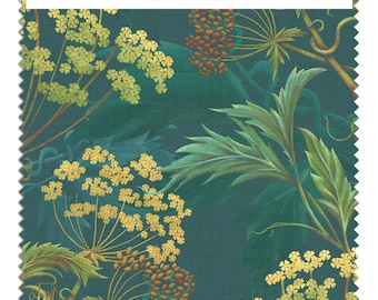 William Morris Hemlock Linen Fabric Swatch: 'Bold Brassica' Design