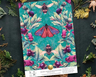 Arsenic Deadly Nightshade Wallpaper Sample – Victorian Botanical Gothic Decor, Poison Green Arts & Crafts Design, statement wallpaper, moth