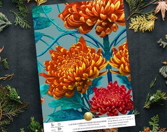 Maximalist Orange Chrysanthemum Wallpaper Sample, William Morris Style, Bold Floral Wall Covering, Statement Decor, Bold interiors