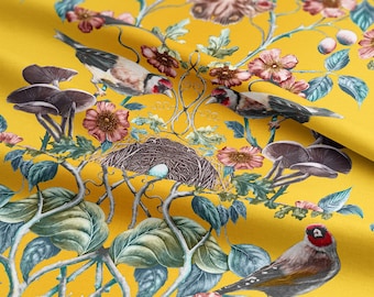 Goldfinch Linen Cotton Fabric: Yellow Bird & Hedgerow Print