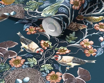 Raven&#39;s Wing Wild Hedgerow Super Wide Wallpaper, Wallcovering, Luxury, Home Decor, Renovation, Birds, victorian, William Morris, Dark decor,