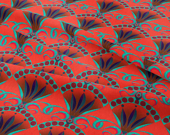 Linen Seed Pod Fabric in Opium Poppy. Red, Teal, Maximalist, Floral Arts & Crafts, William Morris Decor, Renovation, luxury.