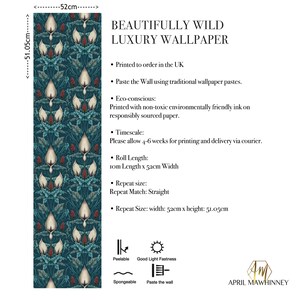 Tincture of Teal Lords and Ladies Wallpaper. Woodland, Botanical Wallpaper, Floral Arts & Crafts, William Morris Decor, Maximalist, Dark image 7